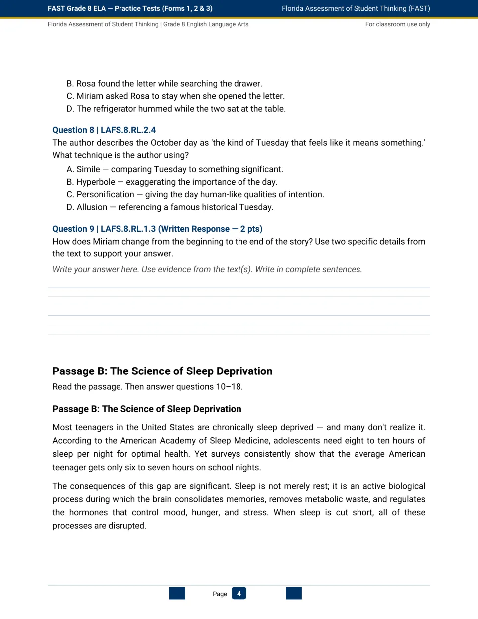 Form 1 finishes questions on The Last Letter and begins Passage B, The Science of Sleep Deprivation