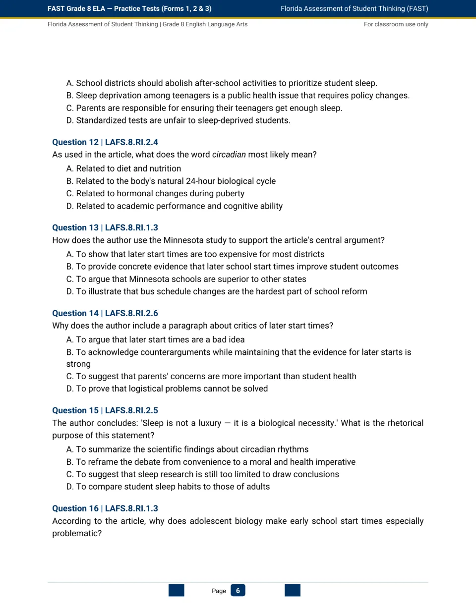 Form 1 questions 12–16 examine circadian rhythms, study evidence, counterarguments, and author purpose