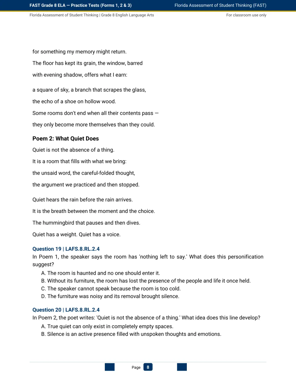 Form 1 continues The Empty Room, presents What Quiet Does, and begins poetry analysis questions 19–20