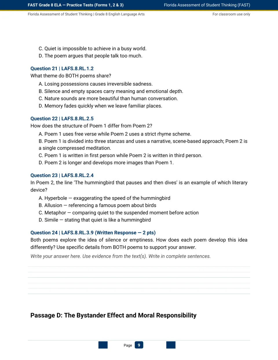 Form 1 poetry questions 21–24 compare theme, structure, and metaphor, followed by the Passage D heading