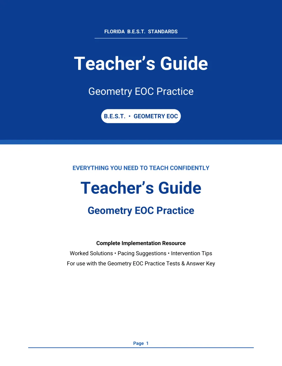 Teacher's Guide cover for Geometry EOC Practice, B.E.S.T.: worked solutions, pacing suggestions and intervention tips