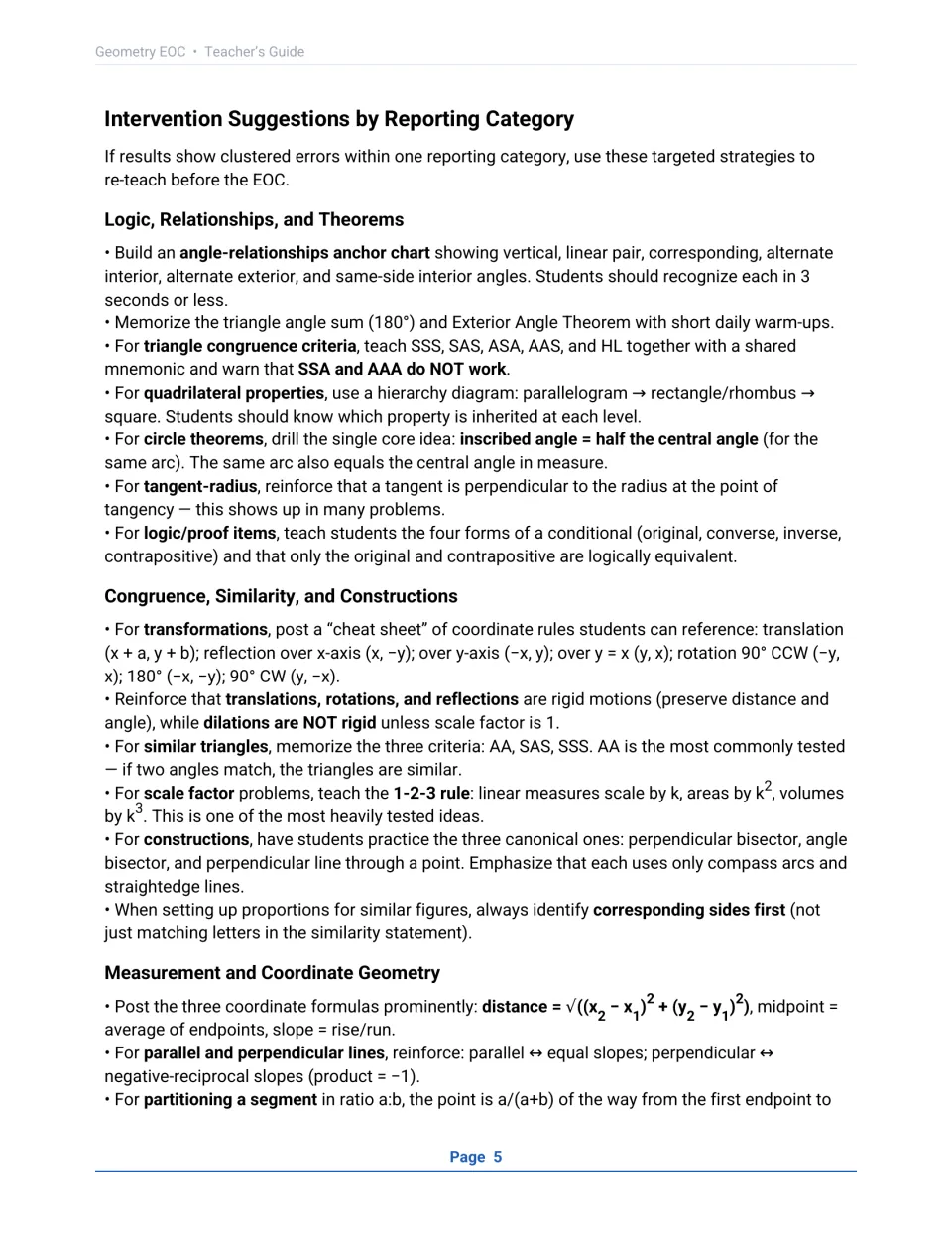 Intervention suggestions by reporting category: tips for angle relationships, congruence, transformations and similarity