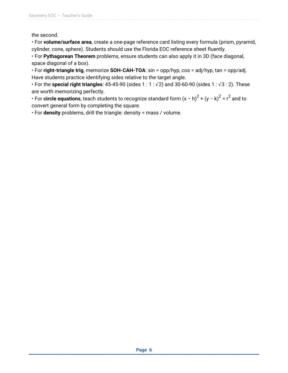 Intervention tips for measurement: volume formulas, 3D Pythagorean Theorem, SOH-CAH-TOA, circle equations and density