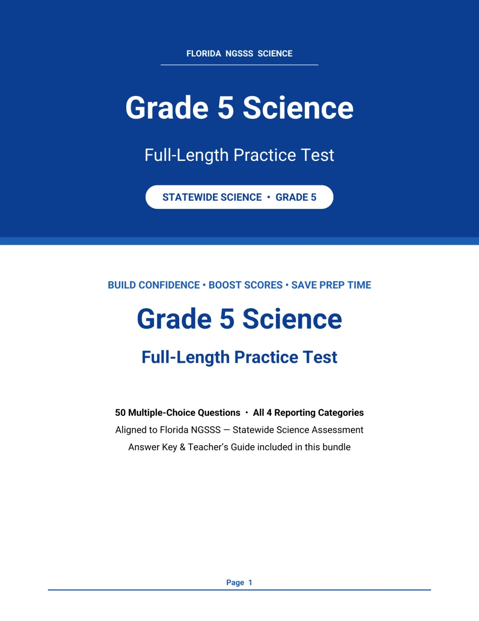 Title page for a Grade 5 Science Full-Length Practice Test: 50 multiple-choice questions across all 4 reporting categories