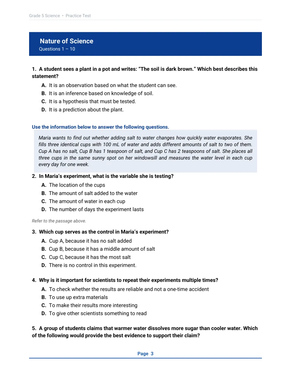Nature of Science questions 1-5: observation vs inference and Maria's salt evaporation test on variables and controls