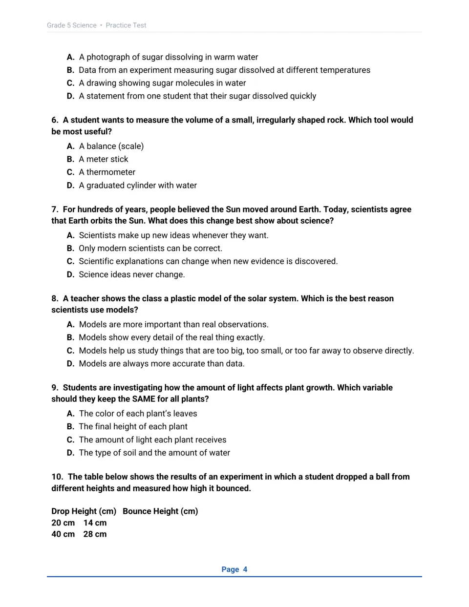 Nature of Science questions 5-10 on evidence, measuring rock volume, changing ideas, models, and a bounce-height table