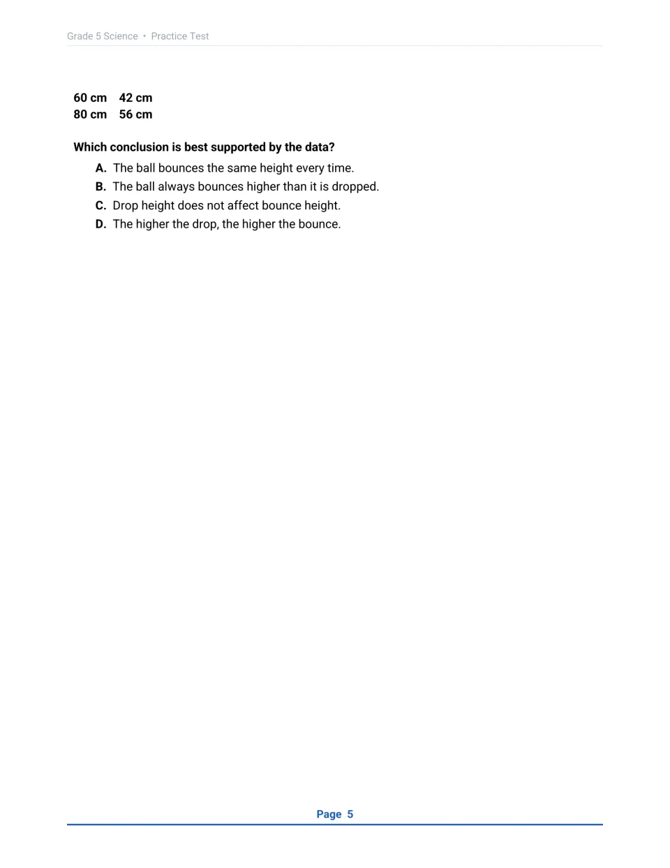 Rest of question 10: bounce-height data for 60 and 80 cm drops; students pick the conclusion best supported by the data