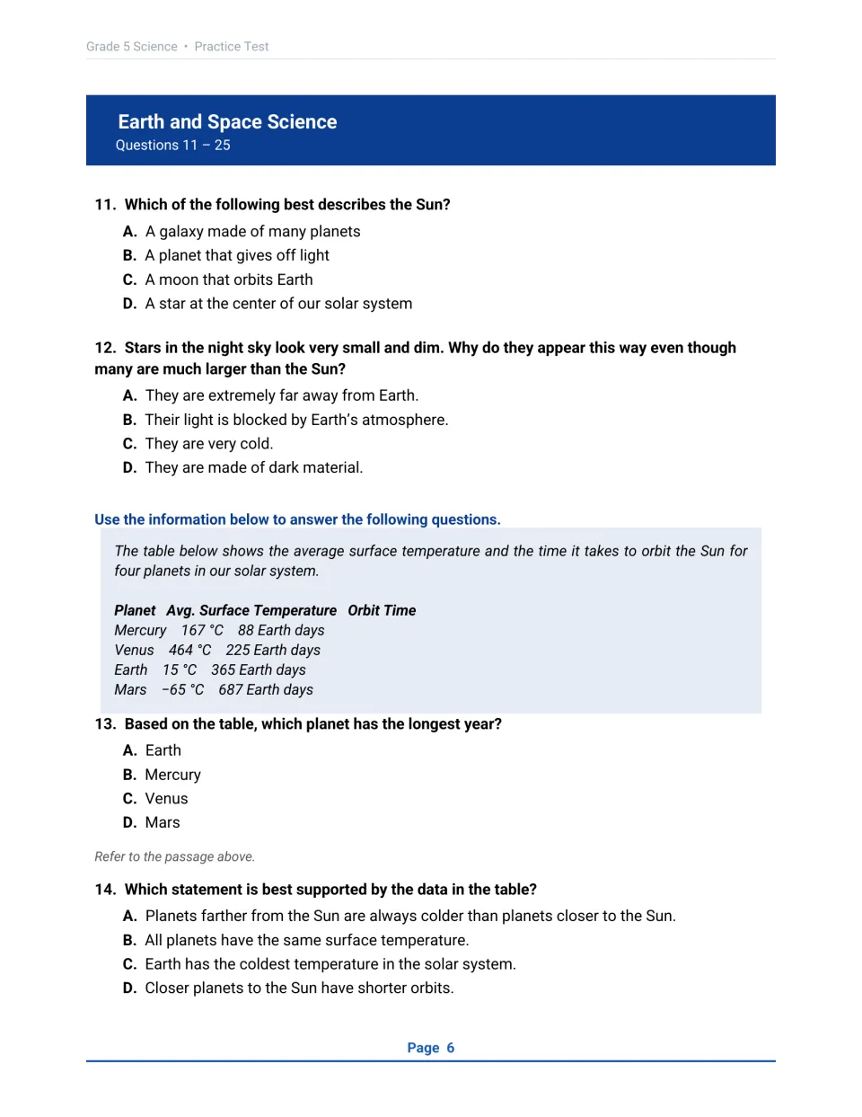 Earth and Space Science questions 11-14 on the Sun and stars, plus a planet table of surface temperature and orbit times