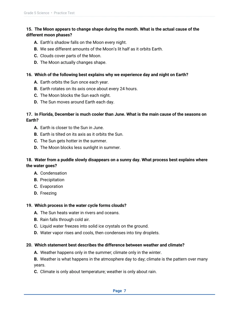 Earth and Space questions 15-20 on moon phases, day and night, seasons, evaporation, cloud formation, weather vs climate