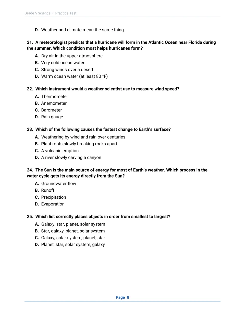 Earth and Space questions 21-25 on hurricanes, measuring wind speed, fast surface changes and ordering objects by size
