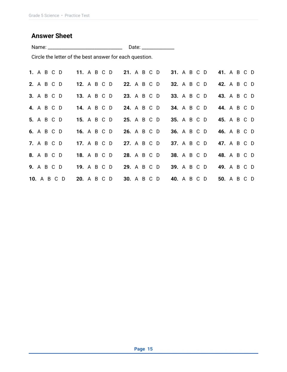 Blank answer sheet for all 50 questions: students write their name and date, then circle A, B, C or D for each item