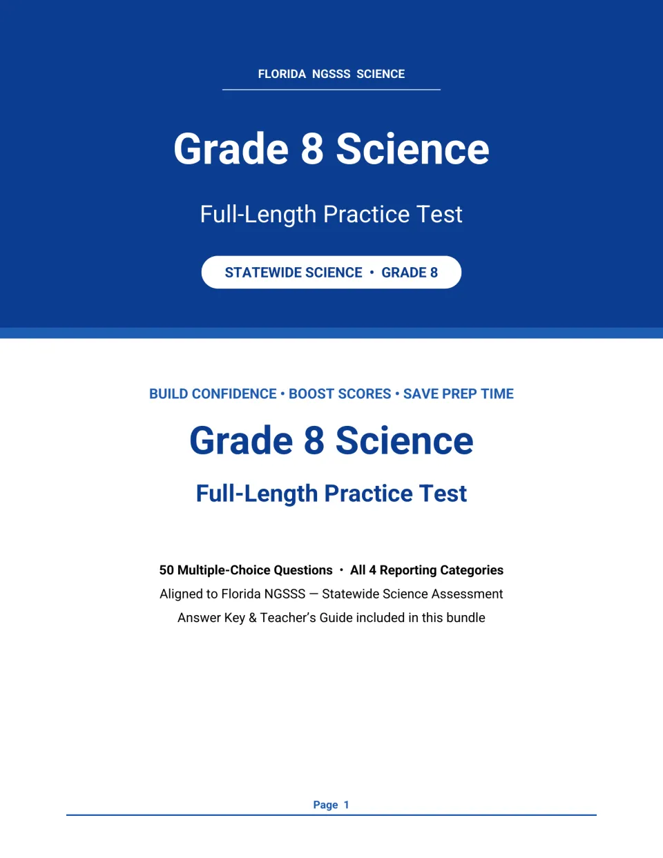 Title page for a full-length science practice test of 50 multiple-choice questions across 4 reporting categories