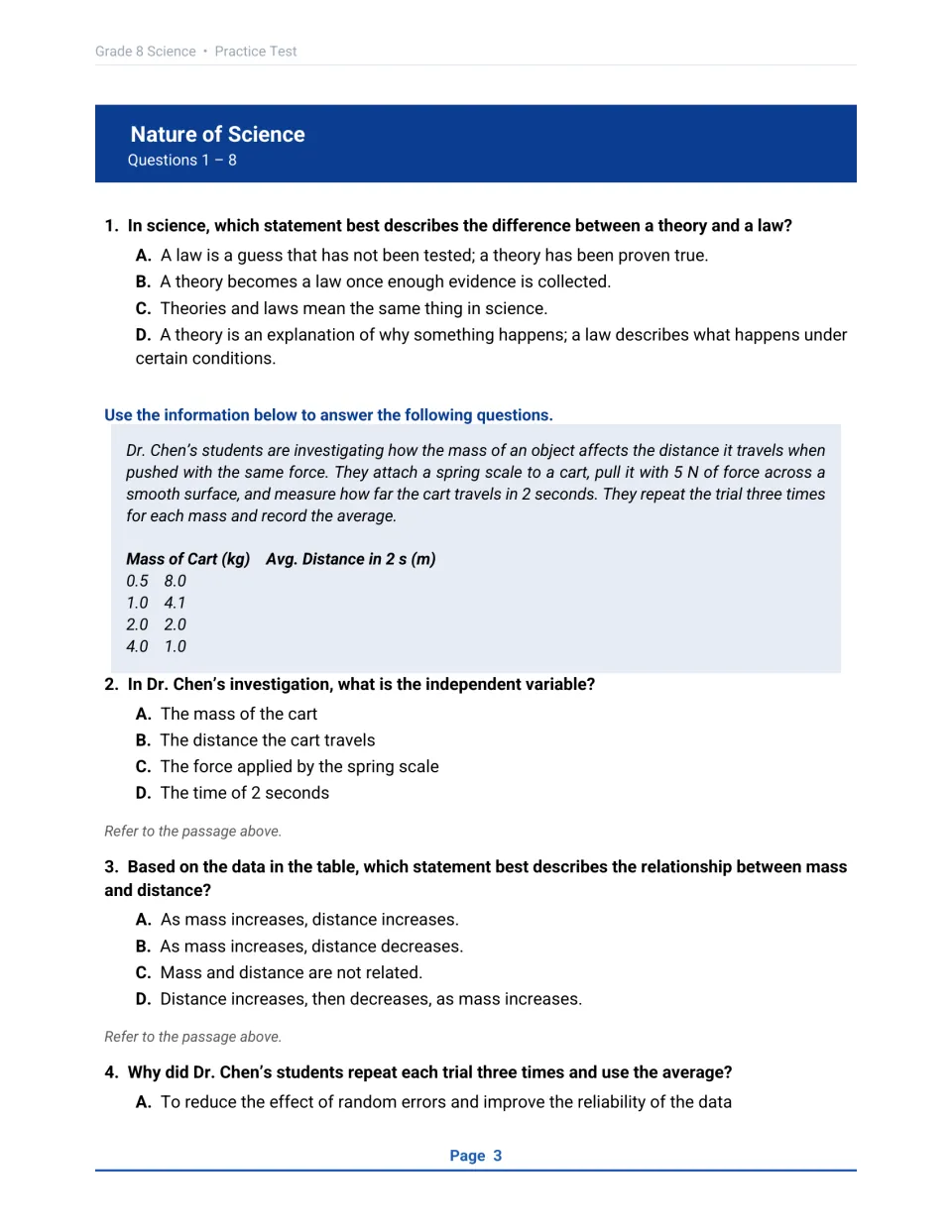 Nature of Science questions 1-4: theory versus law, then a cart mass and distance data table on variables