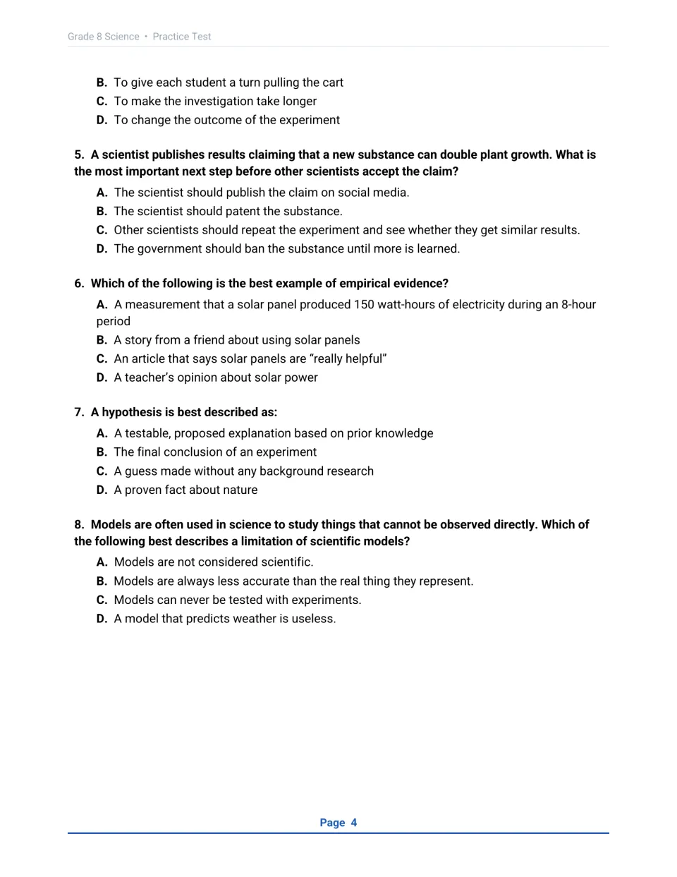 Scientific method questions 5-8: peer replication, empirical evidence, defining a hypothesis and limits of models