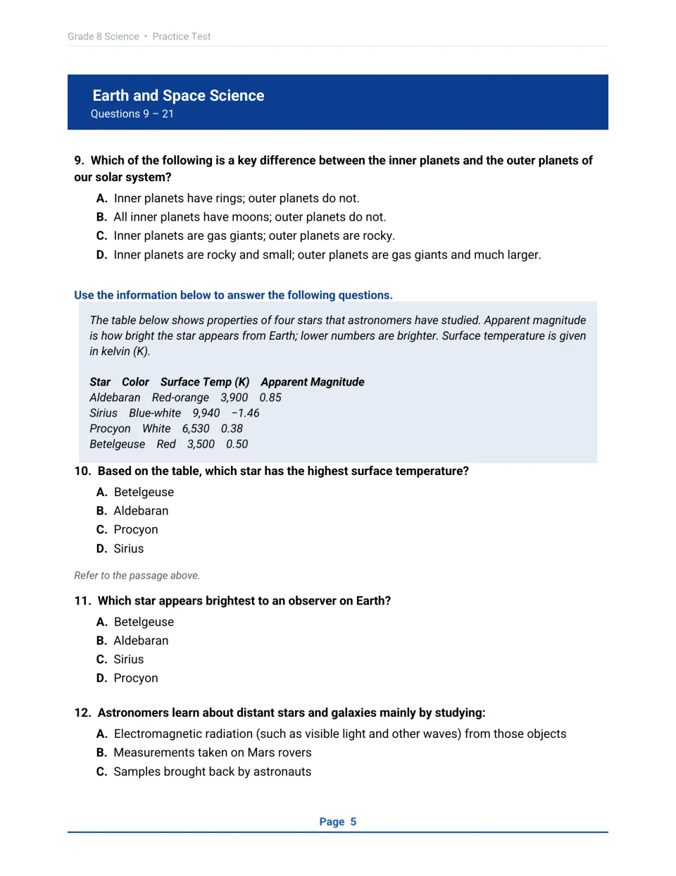Earth and Space Science questions 9-12: inner versus outer planets, plus a star table of color, temperature, magnitude