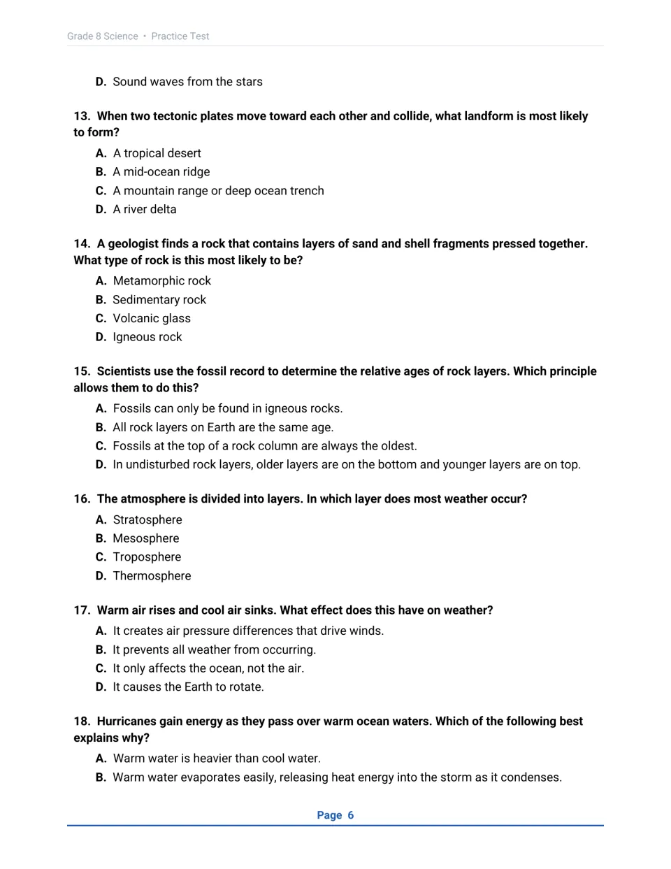 Questions 13-18: plate collisions, sedimentary rock, fossil dating, atmosphere layers and hurricane energy