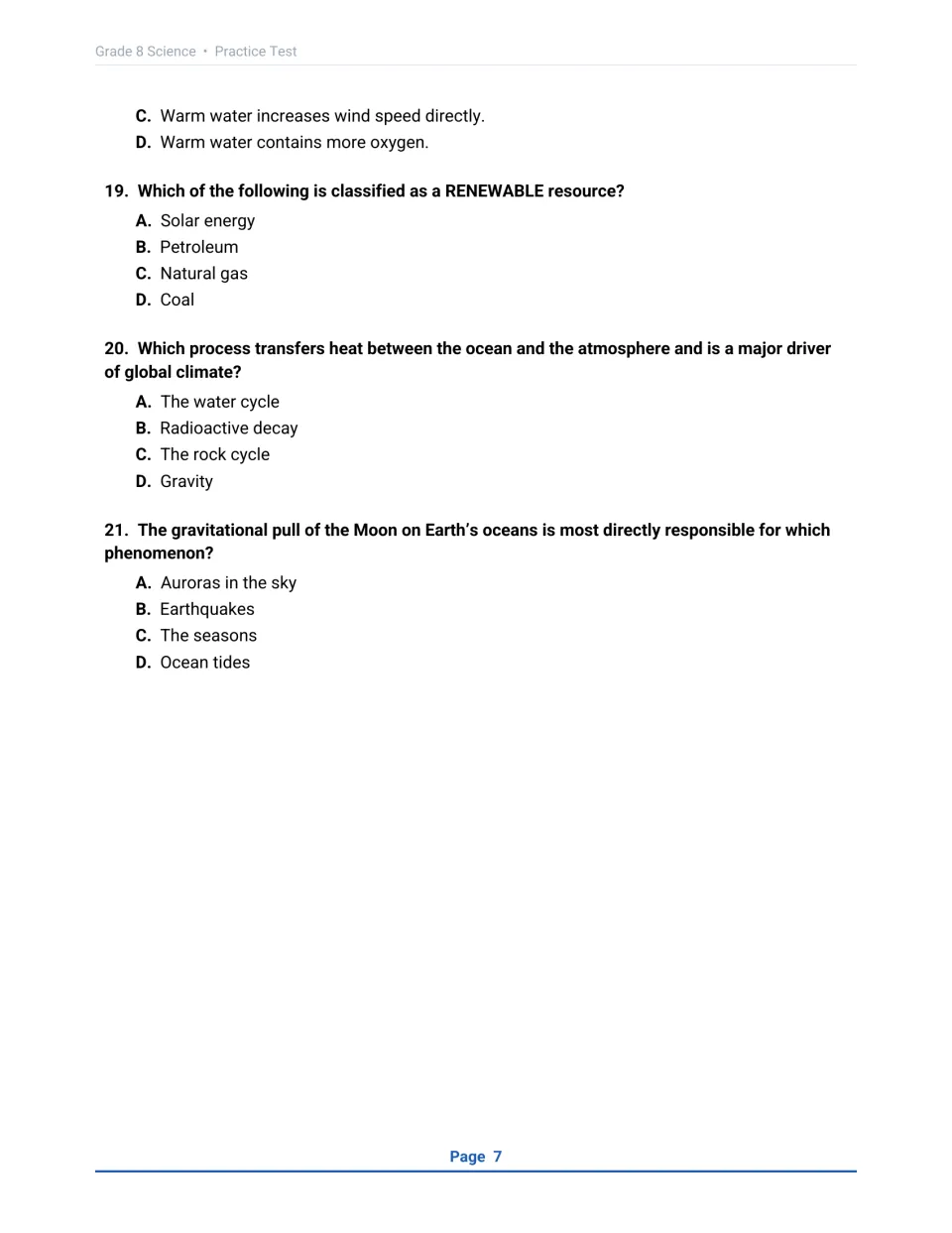 Questions 19-21: renewable resources, ocean-atmosphere heat transfer and which phenomenon the Moon's gravity drives