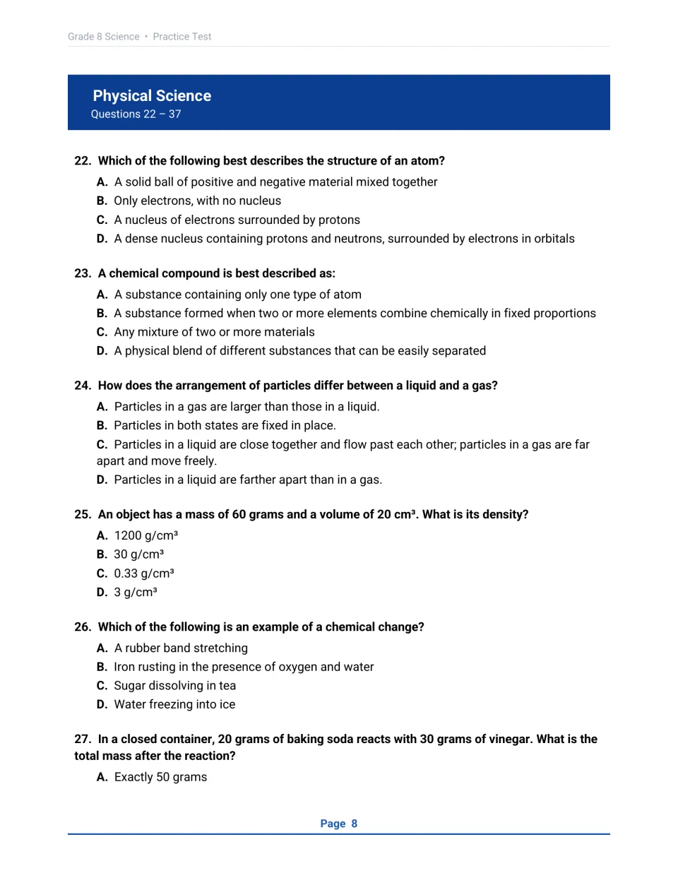 Physical Science questions 22-27: atom structure, compounds, particle states, density calculation, chemical change