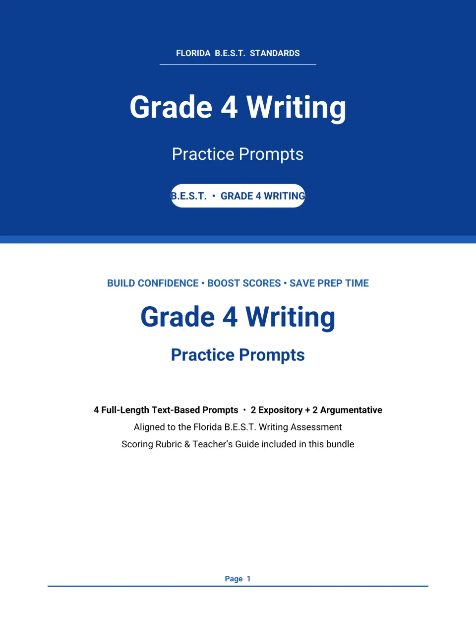 Title page for Grade 4 Writing Practice Prompts: 4 text-based prompts, 2 expository and 2 argumentative