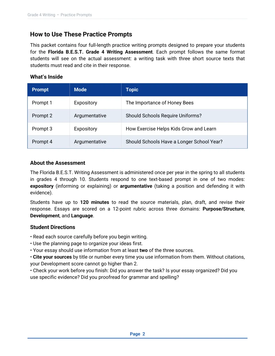 How to use the prompts: table of 4 topics and modes, assessment format, 12-point rubric and student directions