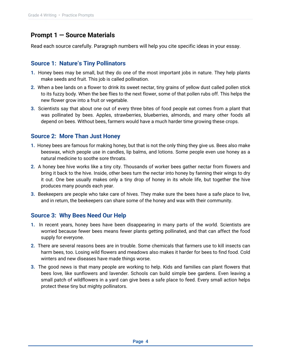 Honey bee source texts: students read three passages on pollination, honey and beeswax, and why bees need help