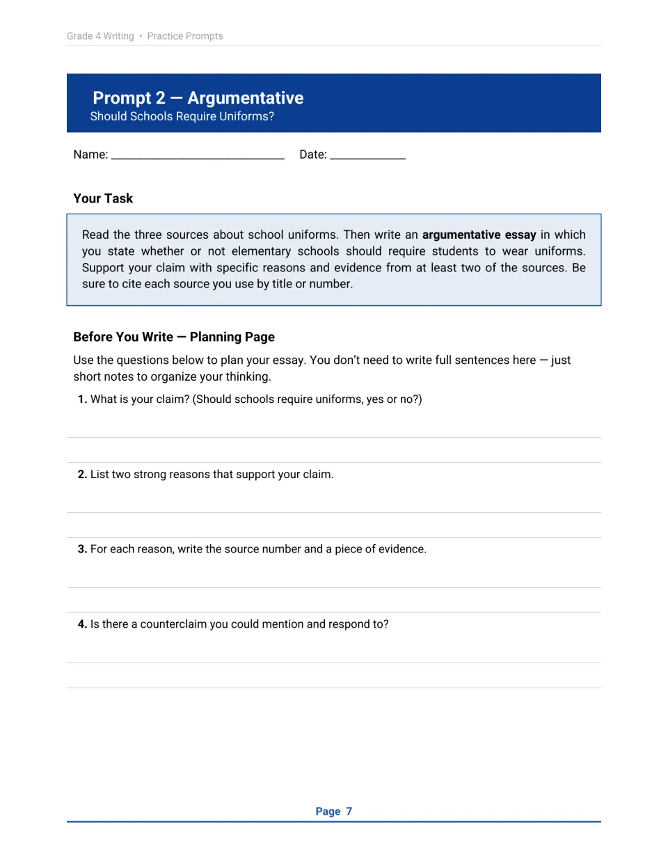 School uniforms argumentative task: students plan a claim, two reasons with source evidence and a counterclaim