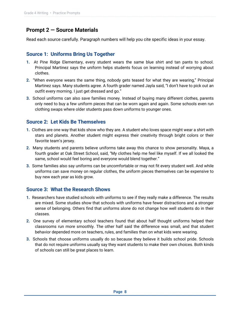School uniform source texts: students read three passages, for uniforms, against them, and what research shows