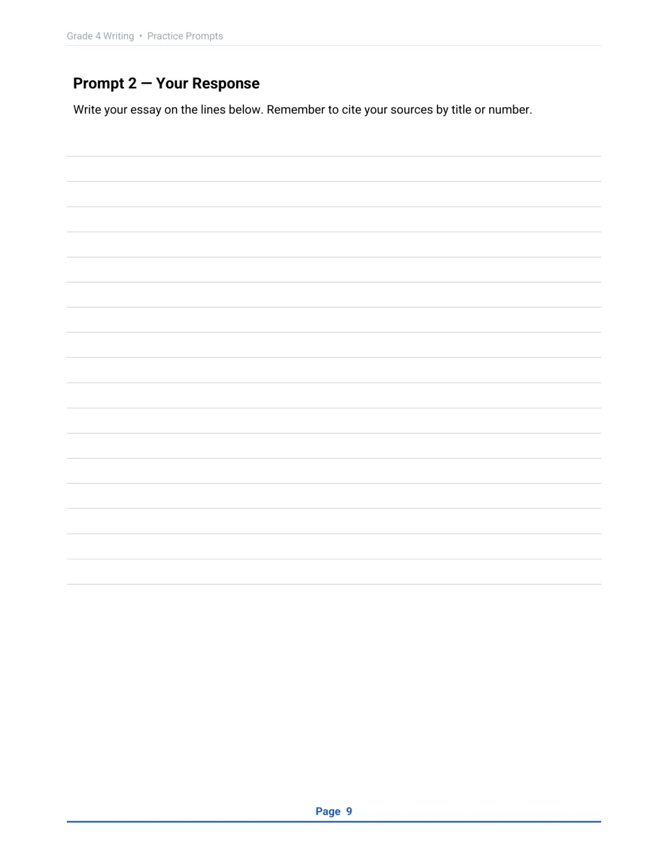 Prompt 2 response page: students write an argumentative essay on school uniforms, citing their sources