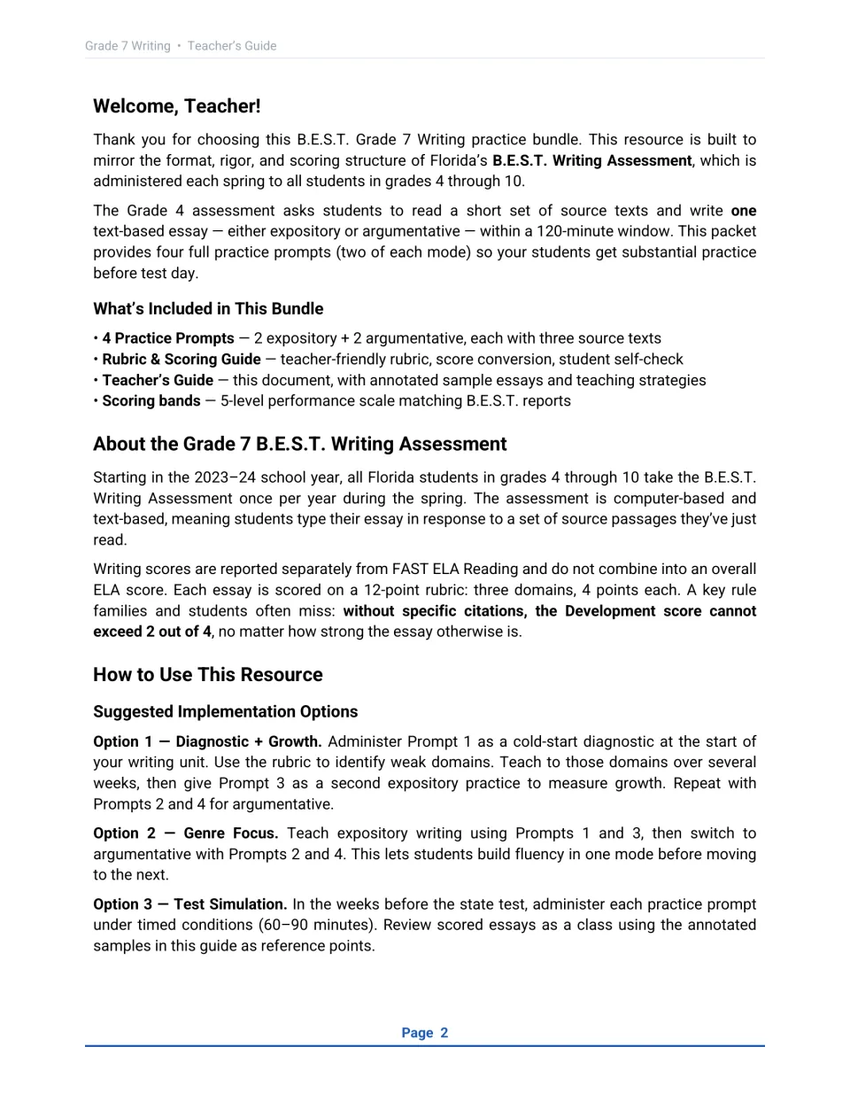 Welcome and overview of the B.E.S.T. Writing Assessment: bundle contents, 12-point rubric and four ways to use the prompts