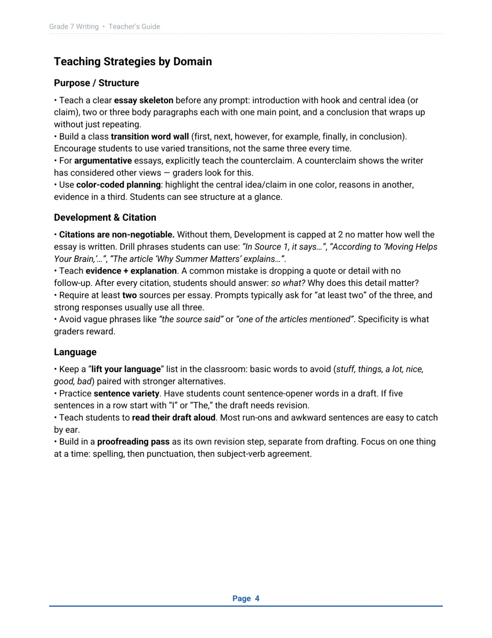 Teaching strategies by domain: essay structure, transitions, counterclaims, citing sources and stronger word choice