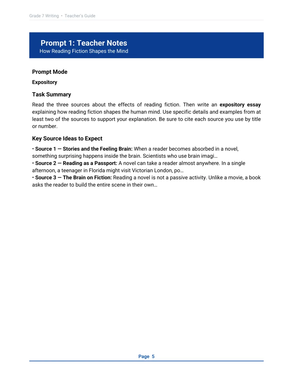 Prompt 1 teacher notes on how reading fiction shapes the mind: expository task summary and three key source ideas