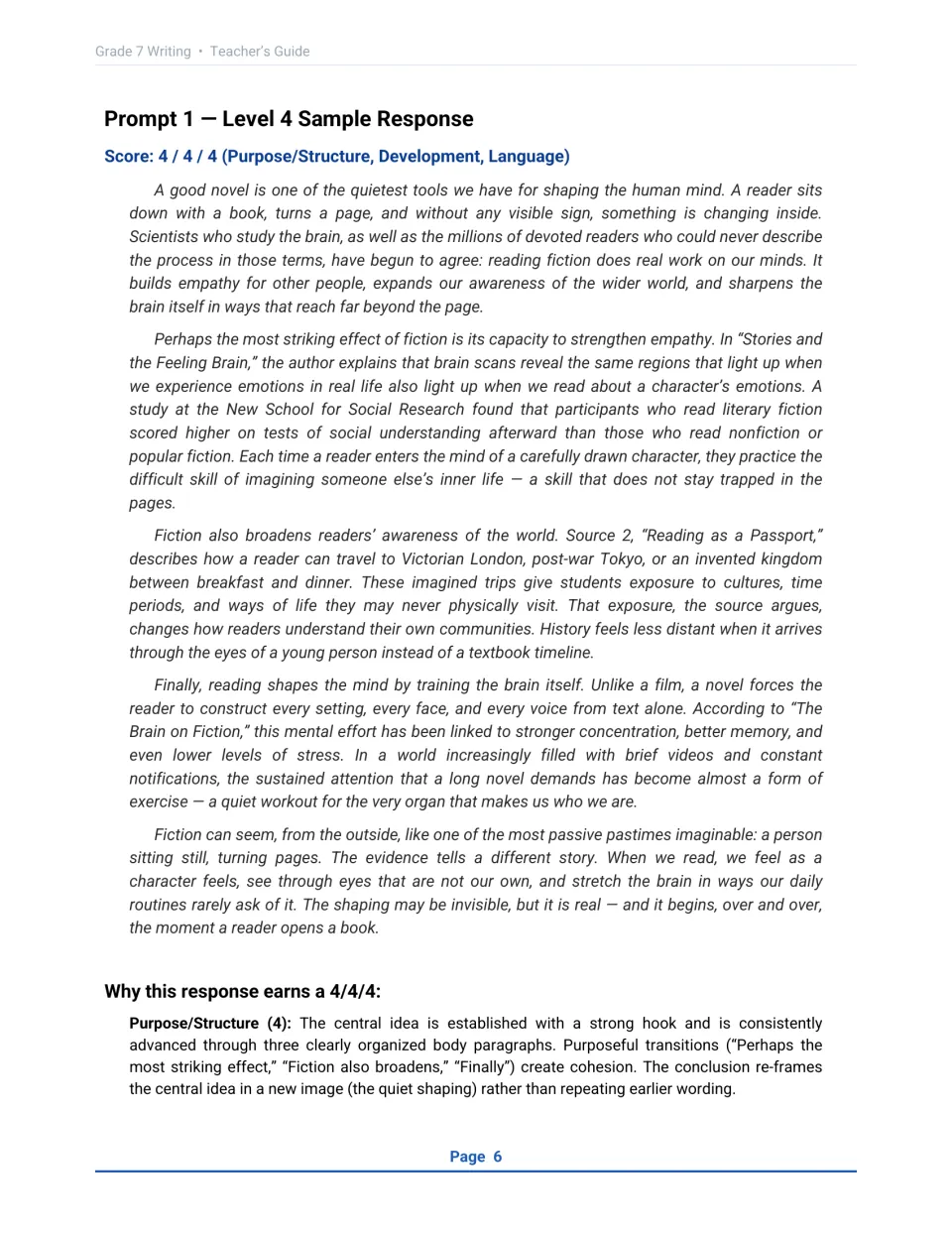 Prompt 1 Level 4 sample essay on fiction building empathy, world awareness and brain strength, scored 4/4/4 with notes
