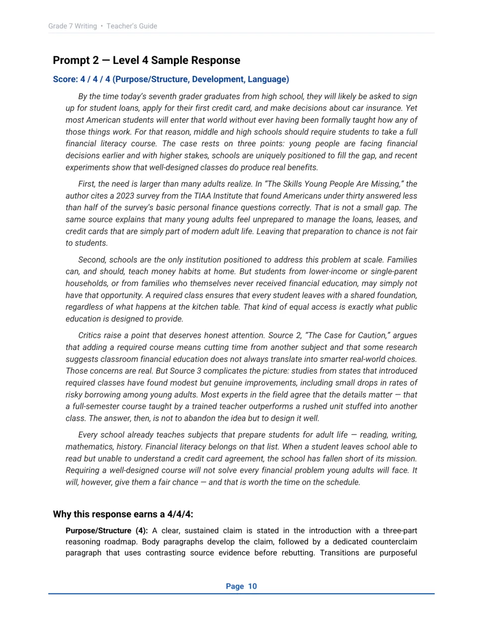 Prompt 2 Level 4 sample argument for required financial literacy classes, with a counterclaim and rebuttal, scored 4/4/4