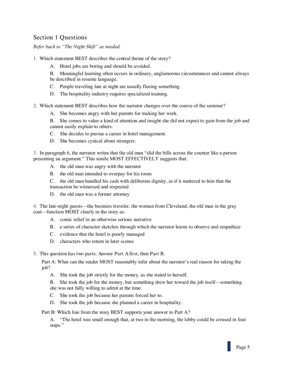 Questions 1-5 on "The Night Shift": theme, character change, a simile and a two-part inference item with text evidence
