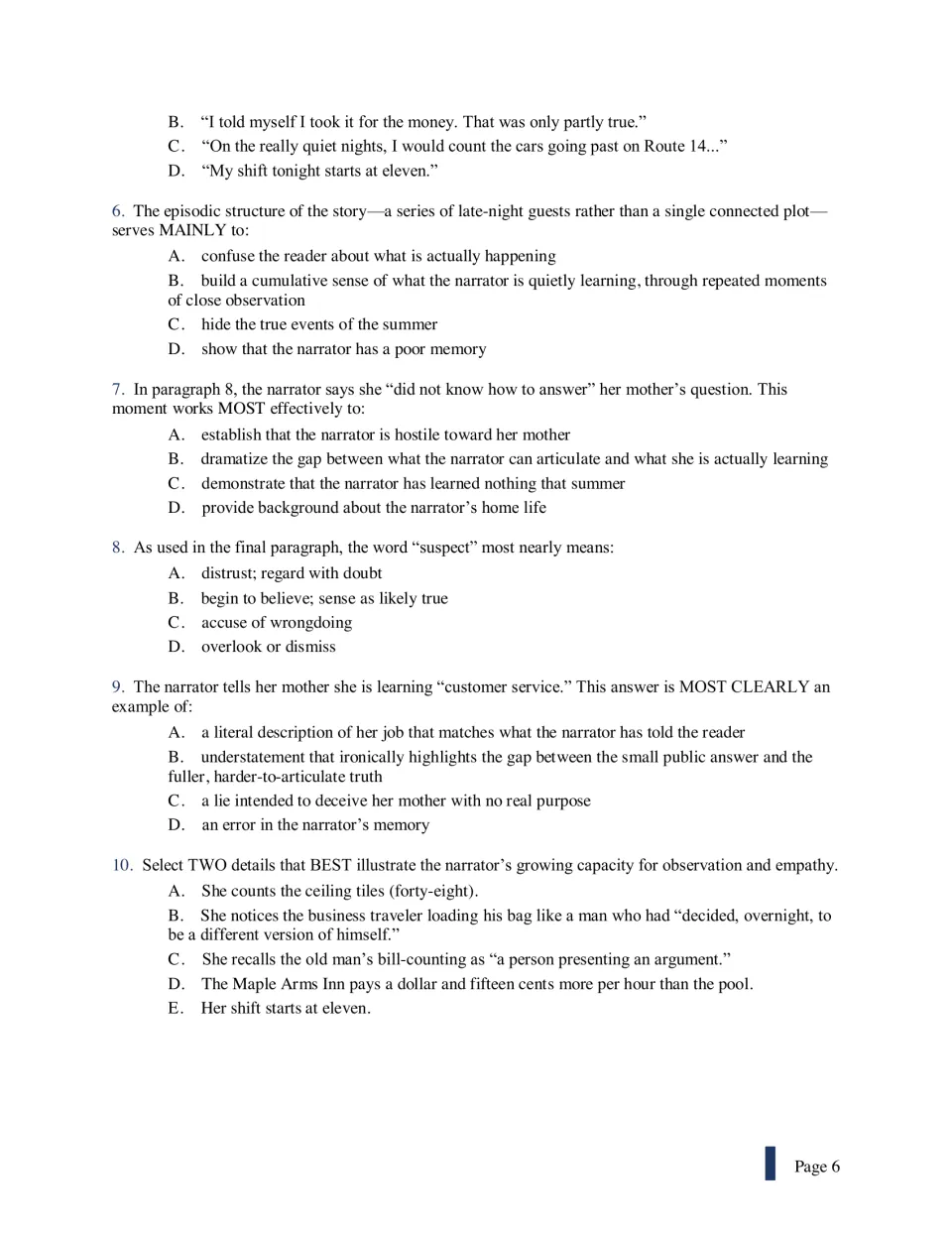 Questions 5-10 on the story: episodic structure, meaning of "suspect", understatement and a select-two evidence item