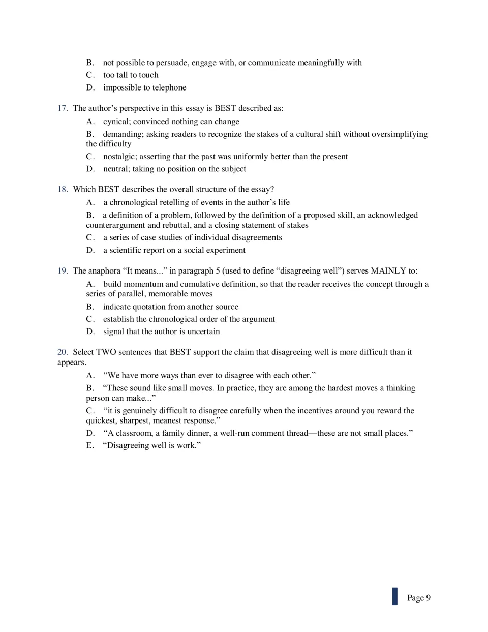Questions 16-20 on the essay: author's perspective, overall structure, anaphora and a select-two evidence item