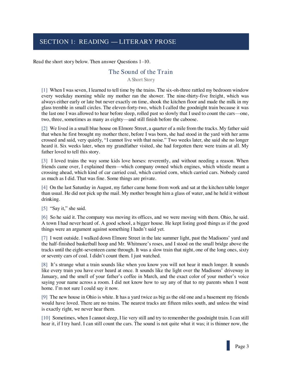 Section 1 passage, 'The Sound of the Train,' begins a story about childhood trains and a move to Ohio