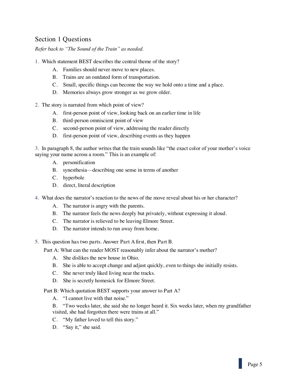 Questions 1–5 for 'The Sound of the Train' cover theme, point of view, figurative language, and inference