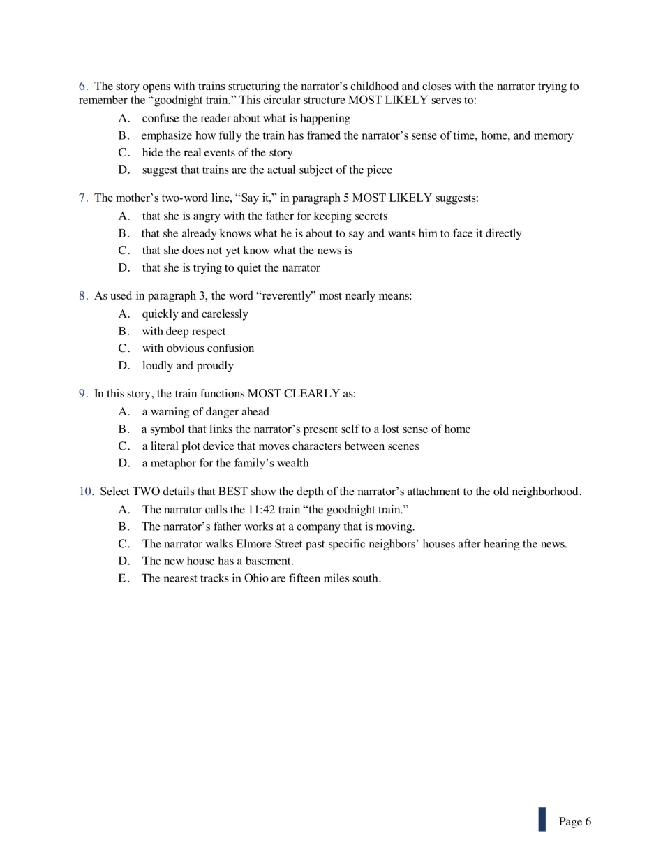 Questions 6–10 for 'The Sound of the Train' address structure, dialogue, vocabulary, symbolism, and details