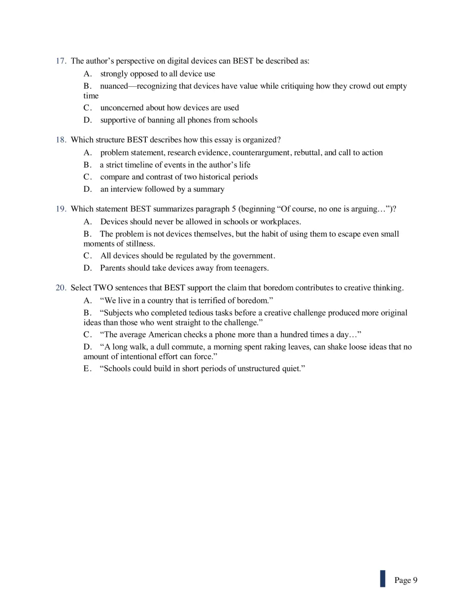 Questions 17–20 for 'In Defense of Boredom' examine perspective, essay structure, summary, and supporting evidence