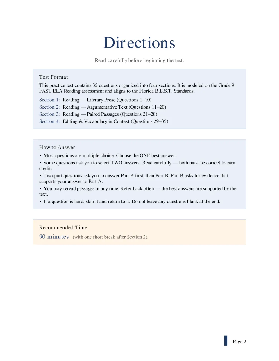 Test directions: 35 questions in four sections, how to answer multiple-choice, select-two and two-part items, 90 minutes