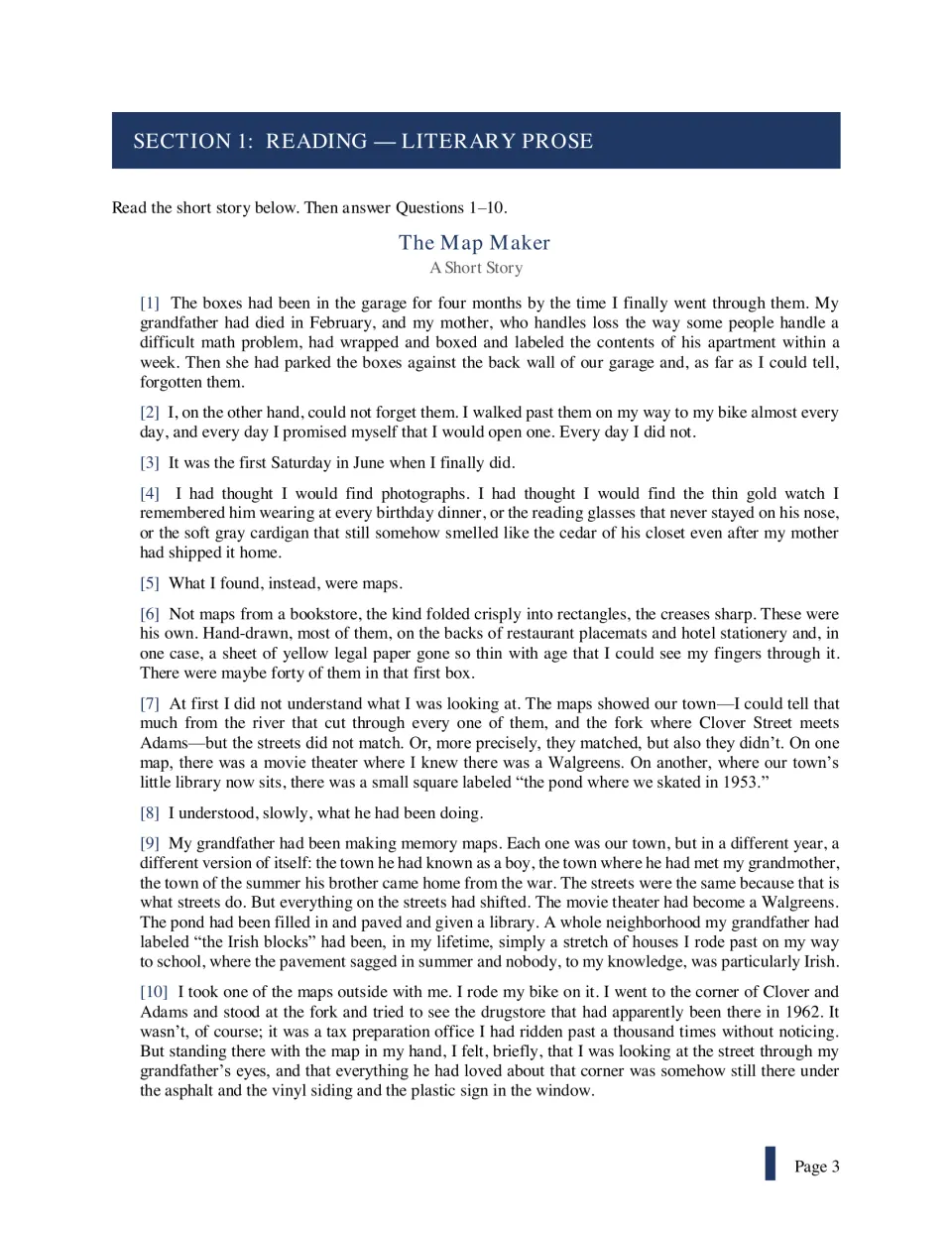 The Map Maker, Section 1 literary prose: students read a short story about a grandfather's hand-drawn memory maps