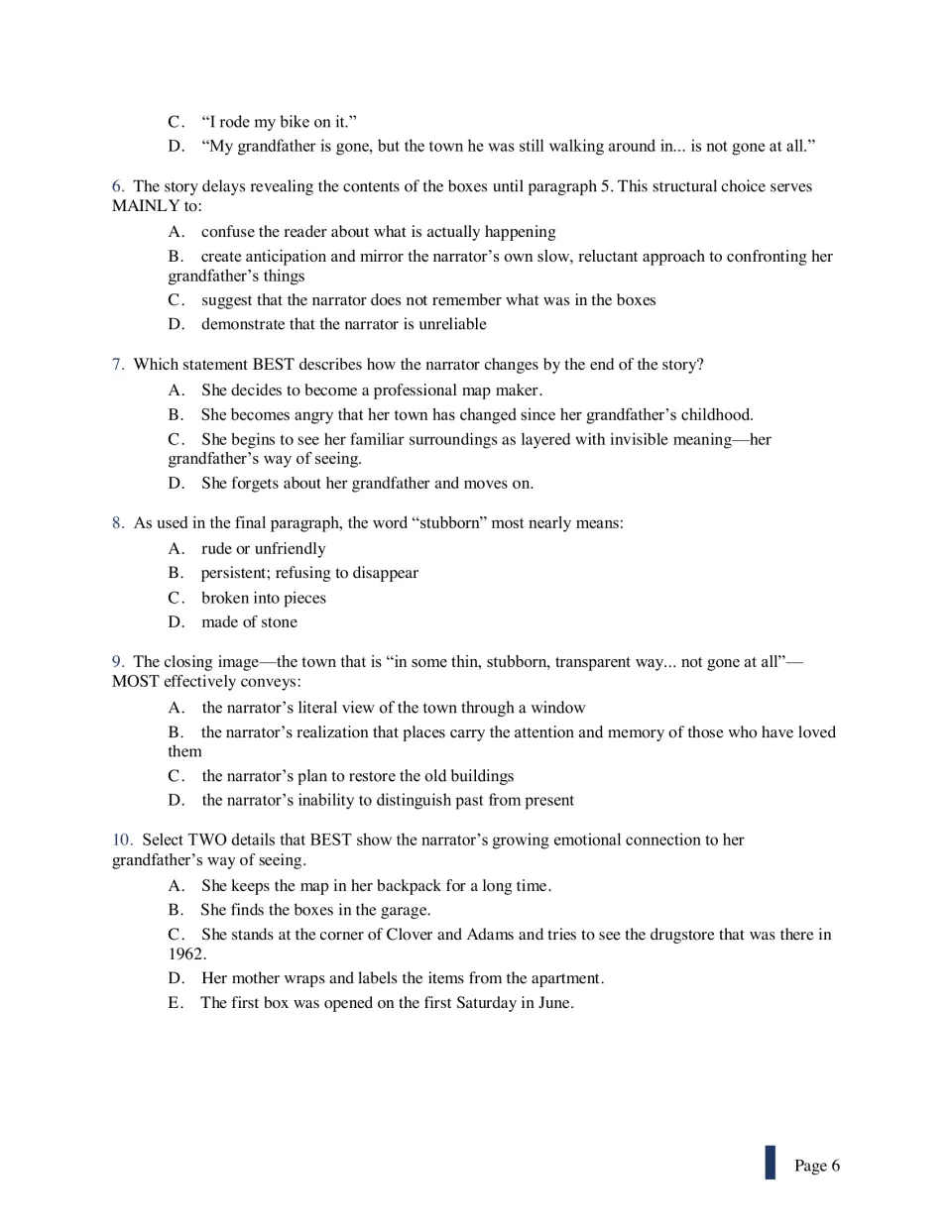The Map Maker questions 6 to 10: story structure, narrator change, meaning of stubborn and a select-two evidence item