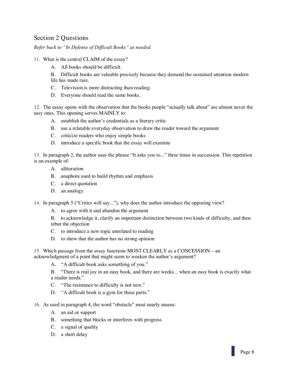 Section 2 questions on the essay: central claim, opening purpose, anaphora, counterargument, concession, obstacle
