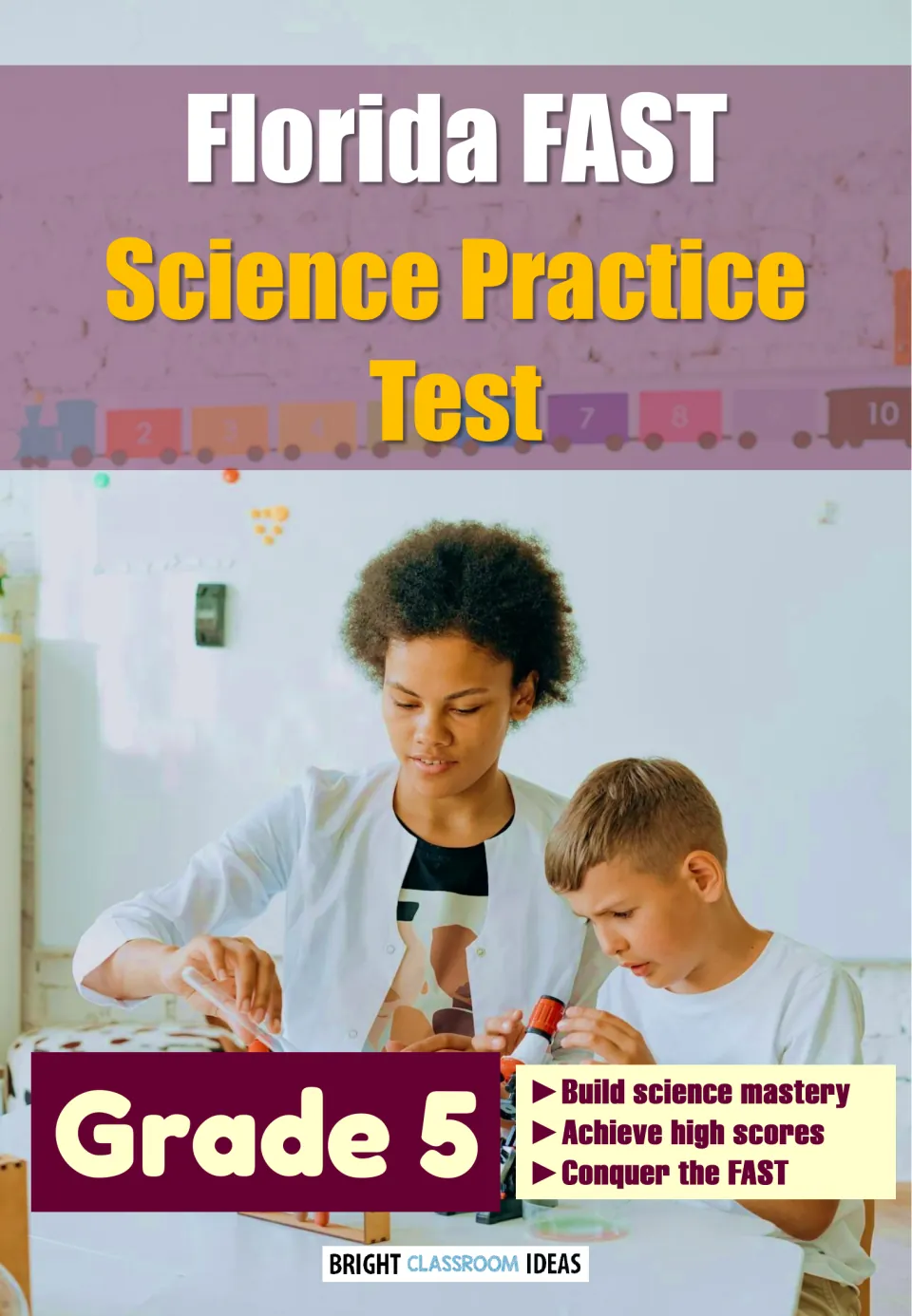 Florida FAST Science Practice Test cover for Grade 5 showing a teacher and student using a microscope in a classroom