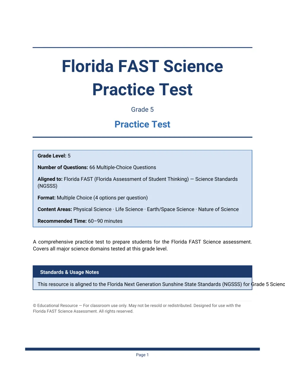 Title page listing 66 four-option multiple-choice questions, four science content areas and a 60–90 minute time guide