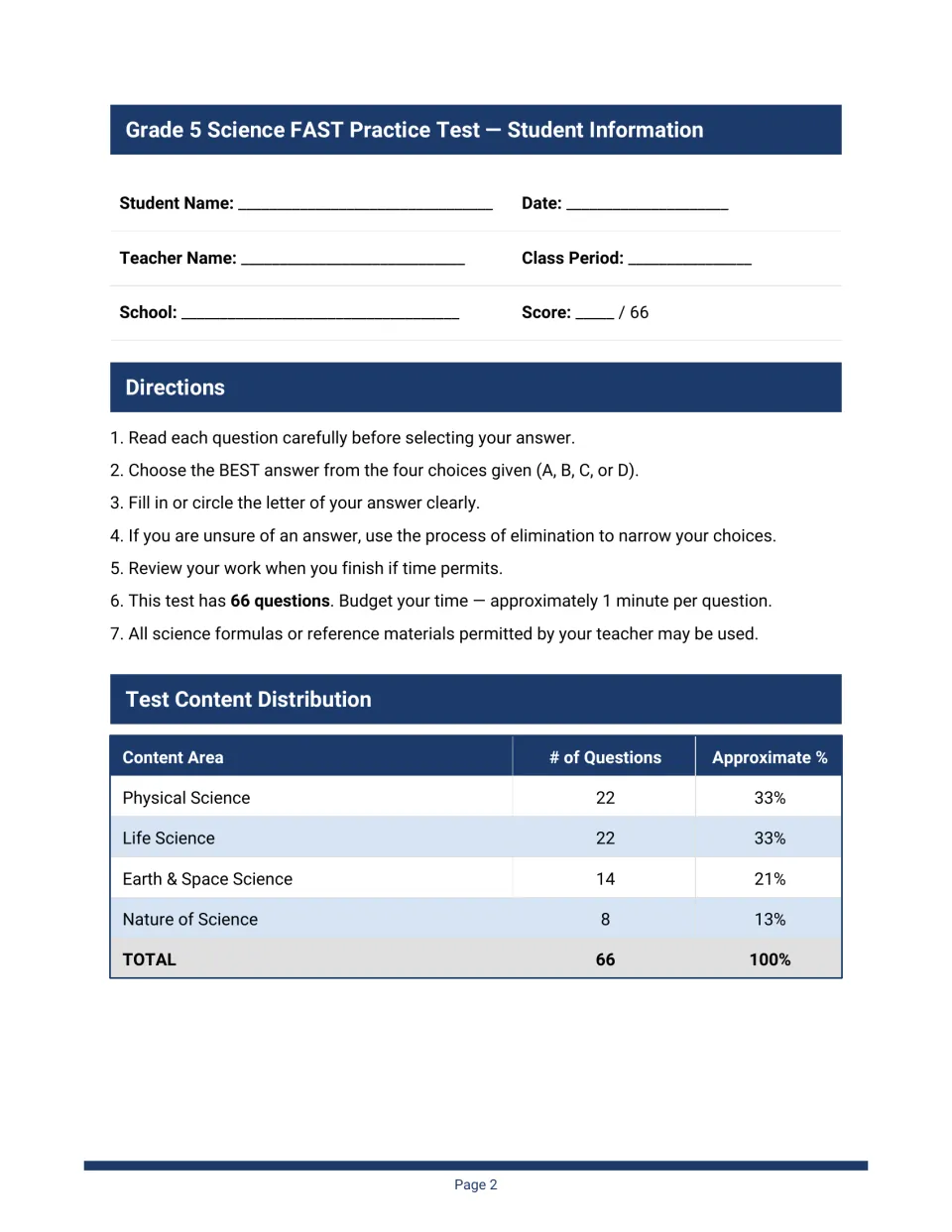 Student information sheet: name, date and score out of 66, seven test directions and questions per science content area