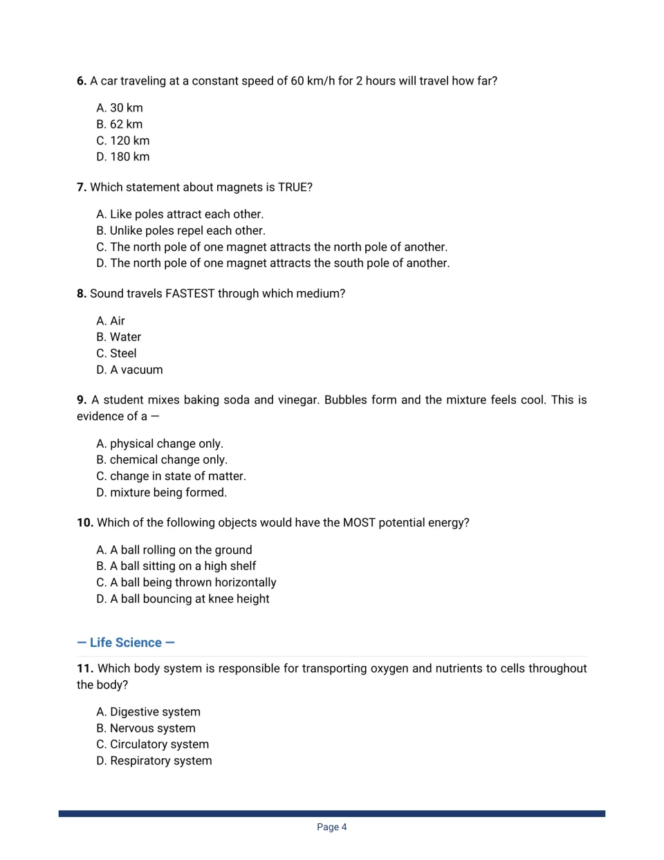 Questions 6–11: speed and distance, magnet poles, sound through steel, baking soda reaction, potential energy, circulation