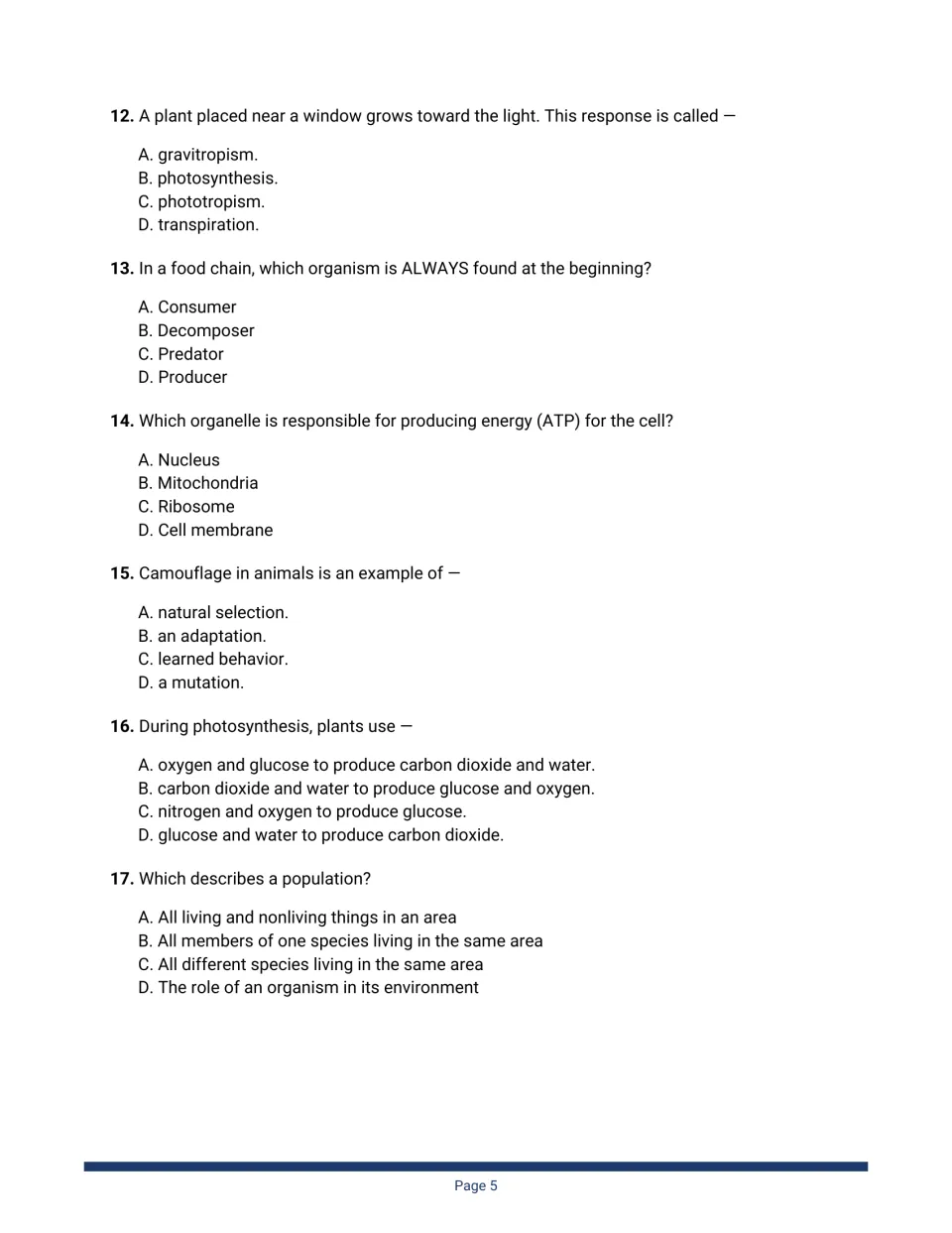 Life science questions 12–17: phototropism, producers in food chains, mitochondria, camouflage, photosynthesis, populations
