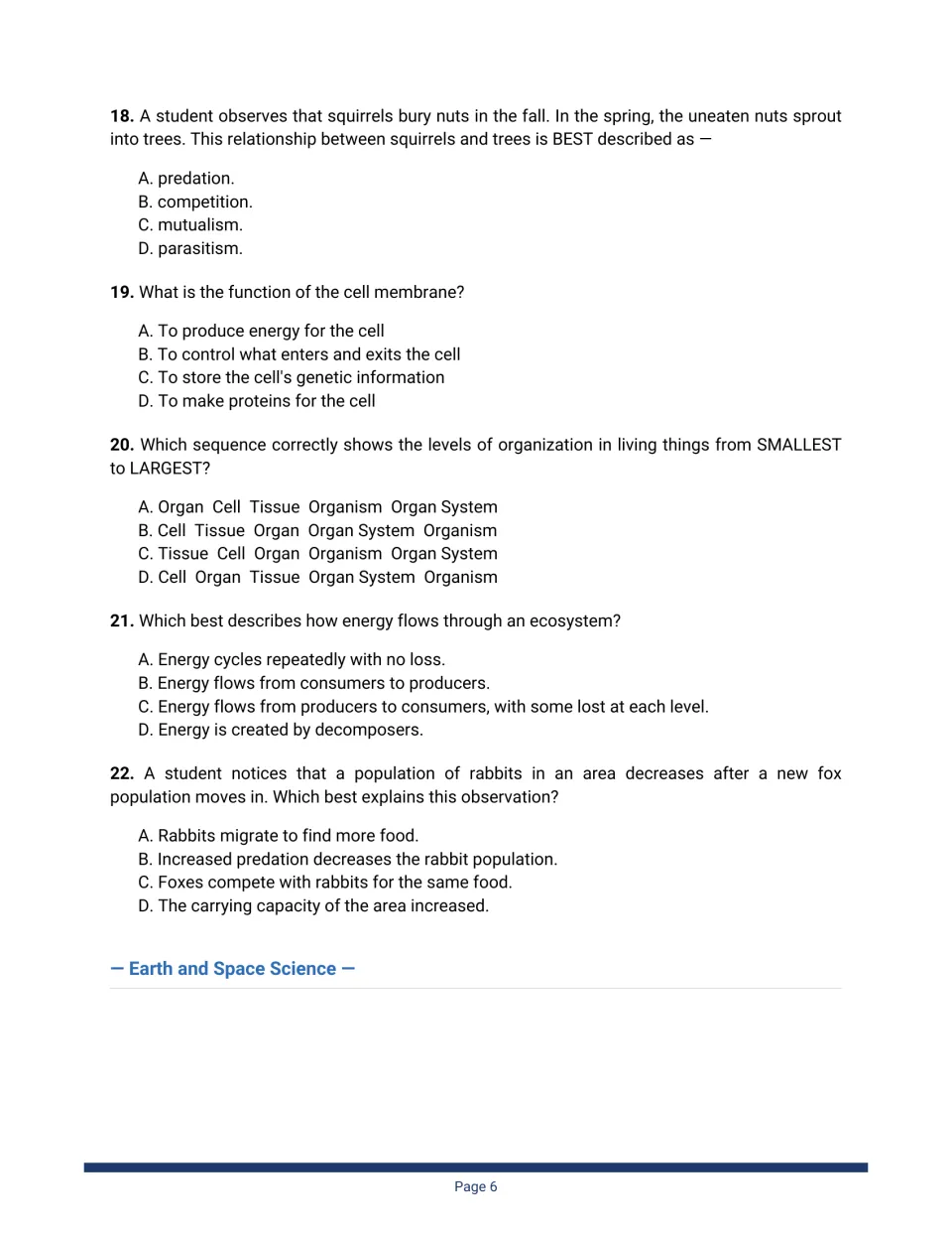 Life science questions 18–22: mutualism, cell membrane, levels of organization, energy flow and predator-prey populations